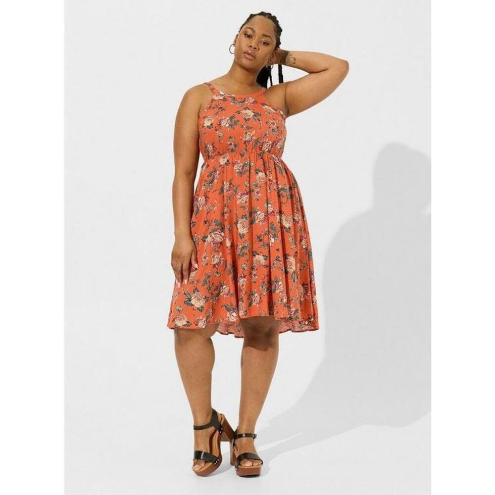 Torrid Mini Dress A-line Deep Blooms Ginger Floral Orange Sleeveless size 2 US 2 - Picture 2 of 11